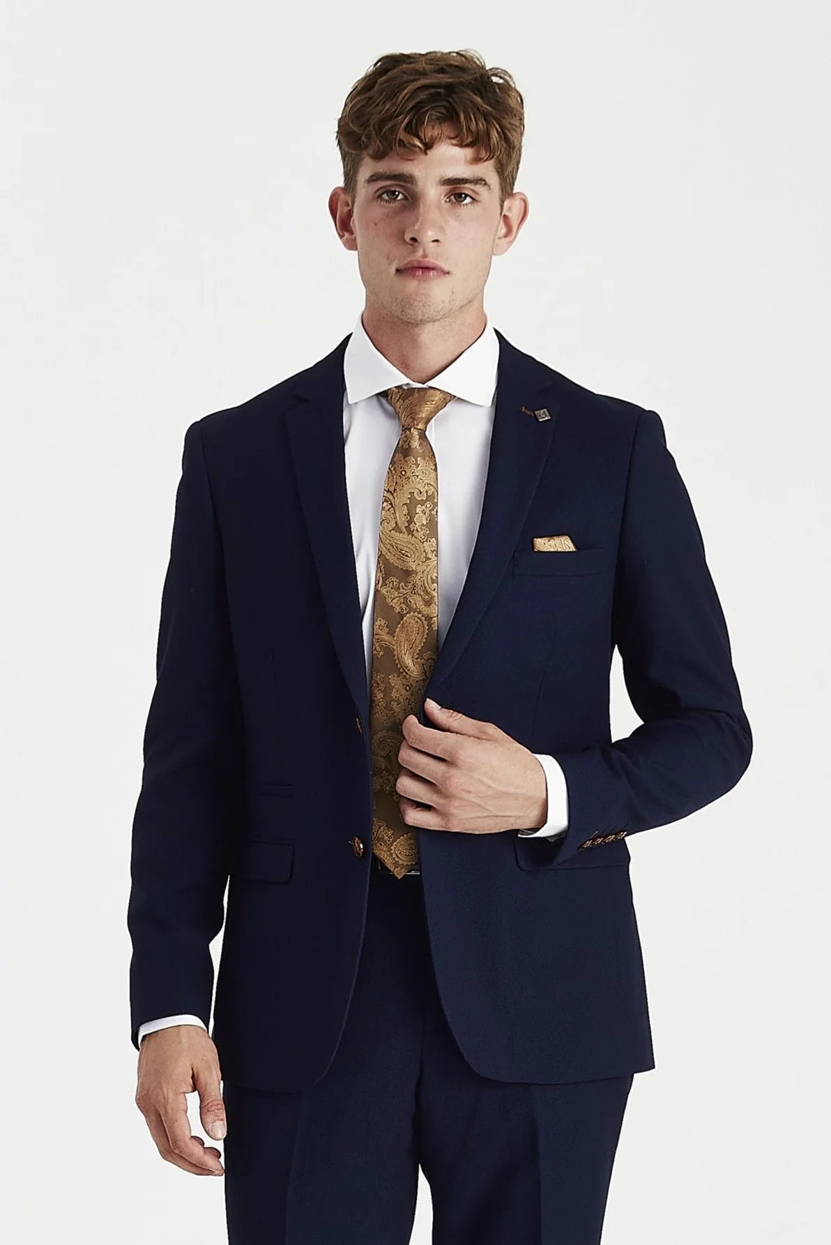 Front blazer view of navy textured suit jacket worn with a white shirt, gold paisley tie and pocket square