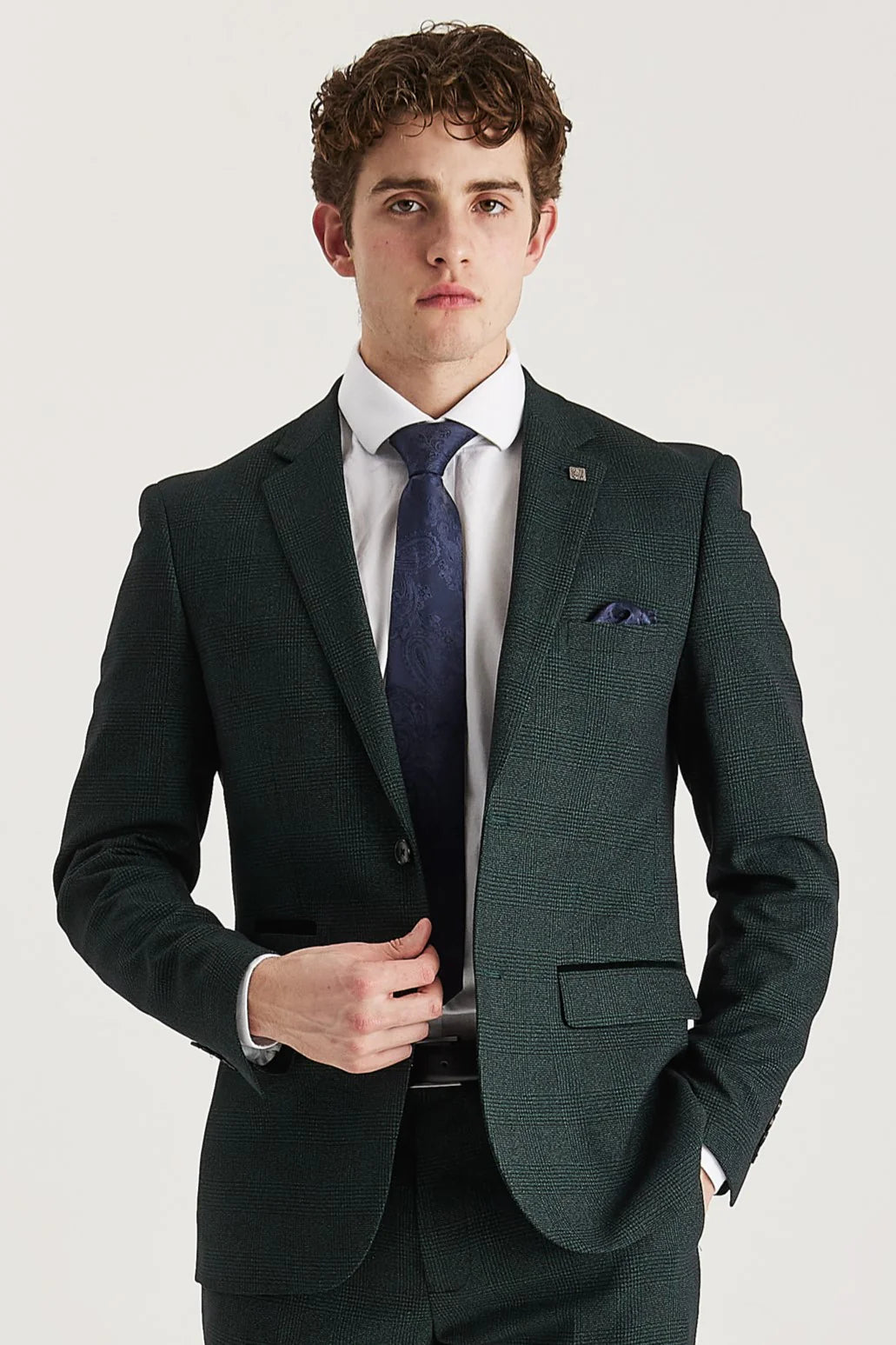 Front view of olive check two-piece suit worn with a white shirt, blue paisley tie and matching green trousers