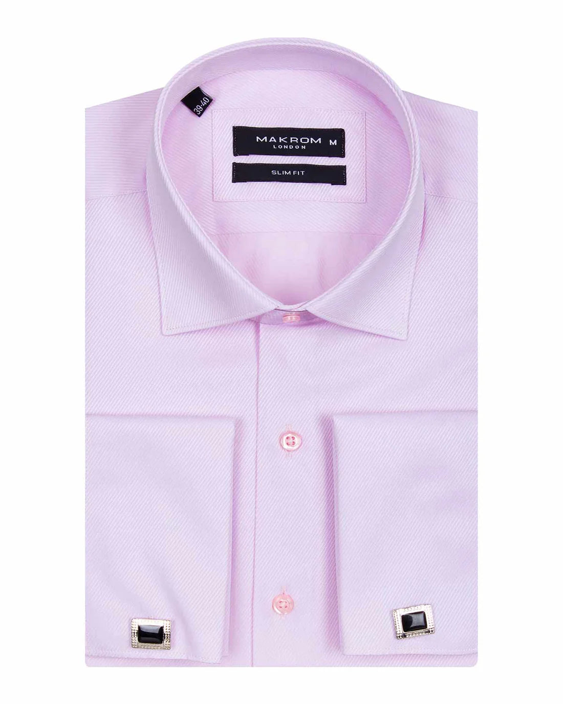 Detailed view of the collar and double cuffs on a Pink Casual Twill Long Sleeve Shirt, featuring cuff links and collar stiffness.