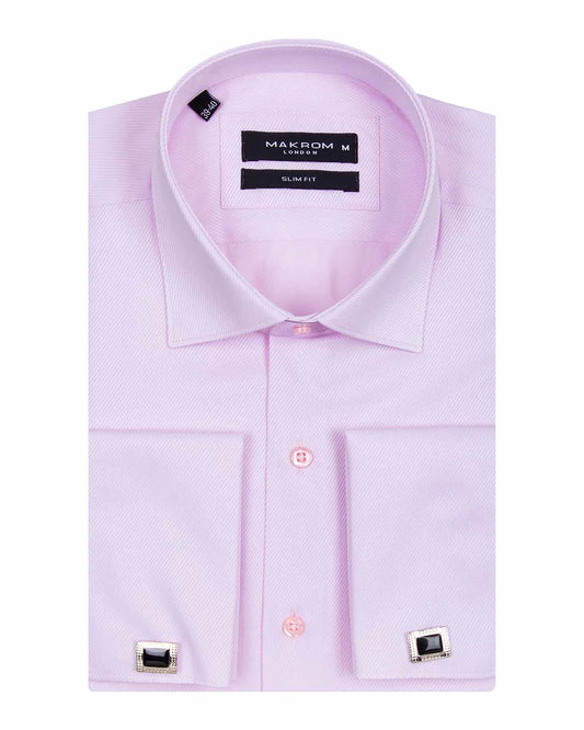 Detailed view of the collar and double cuffs on a Pink Casual Twill Long Sleeve Shirt, featuring cuff links and collar stiffness.
