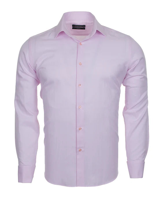 Pink Casual Twill Double Cuff Long Sleeve Shirt, front view, showing full length and button placement.