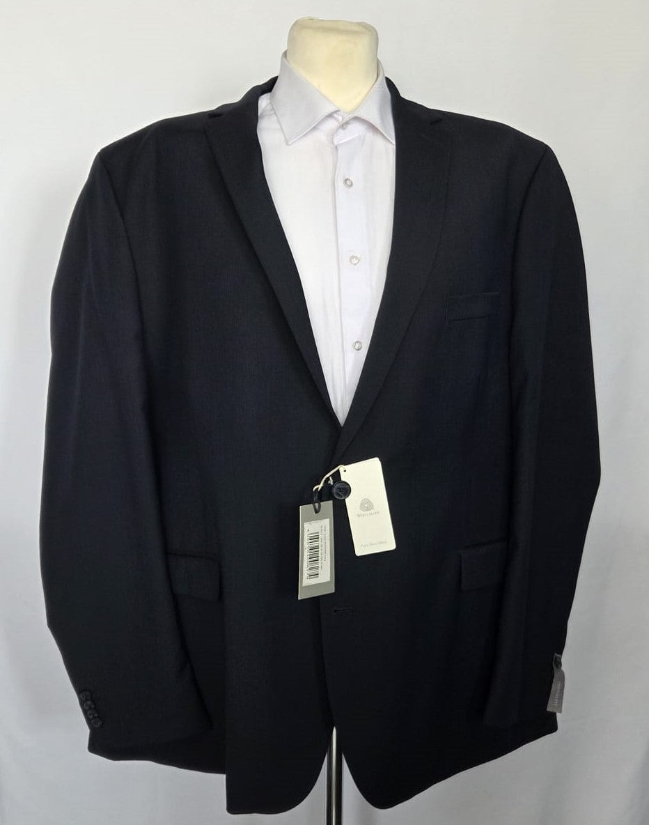 Straight-on front of dark navy 100% virgin wool suit jacket on mannequin with flap pockets.